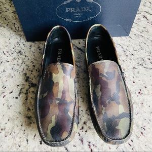 RUNWAY PRADA GREEN CAMO PRINT LEATHER CAMOUFLAGE SLOAFERS MENS SHOES (No Box)